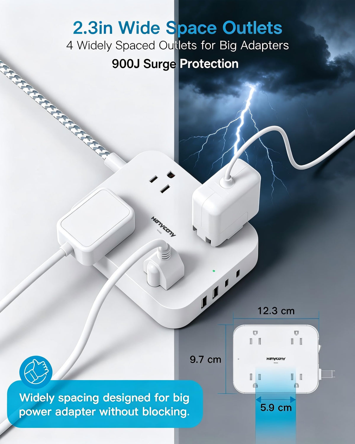 10 Ft Extension Cord, Flat Power Strip with 4 Outlets 4 USB Ports (2 USB C)
