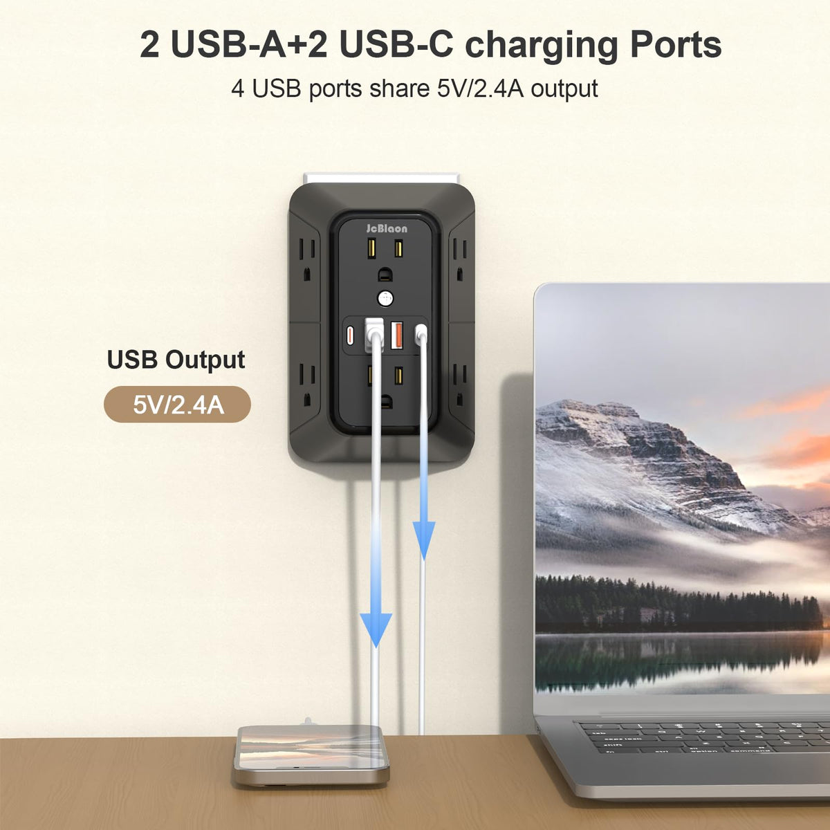 3 Pack Surge Protector Outlet Extender, 6 Outlet Splitter with 4 USB Ports (2 USB C), Multi Plug Wall Outlet 1050J Power Strip, USB Wall Charger for Home Office Kitchen Travel-ETL