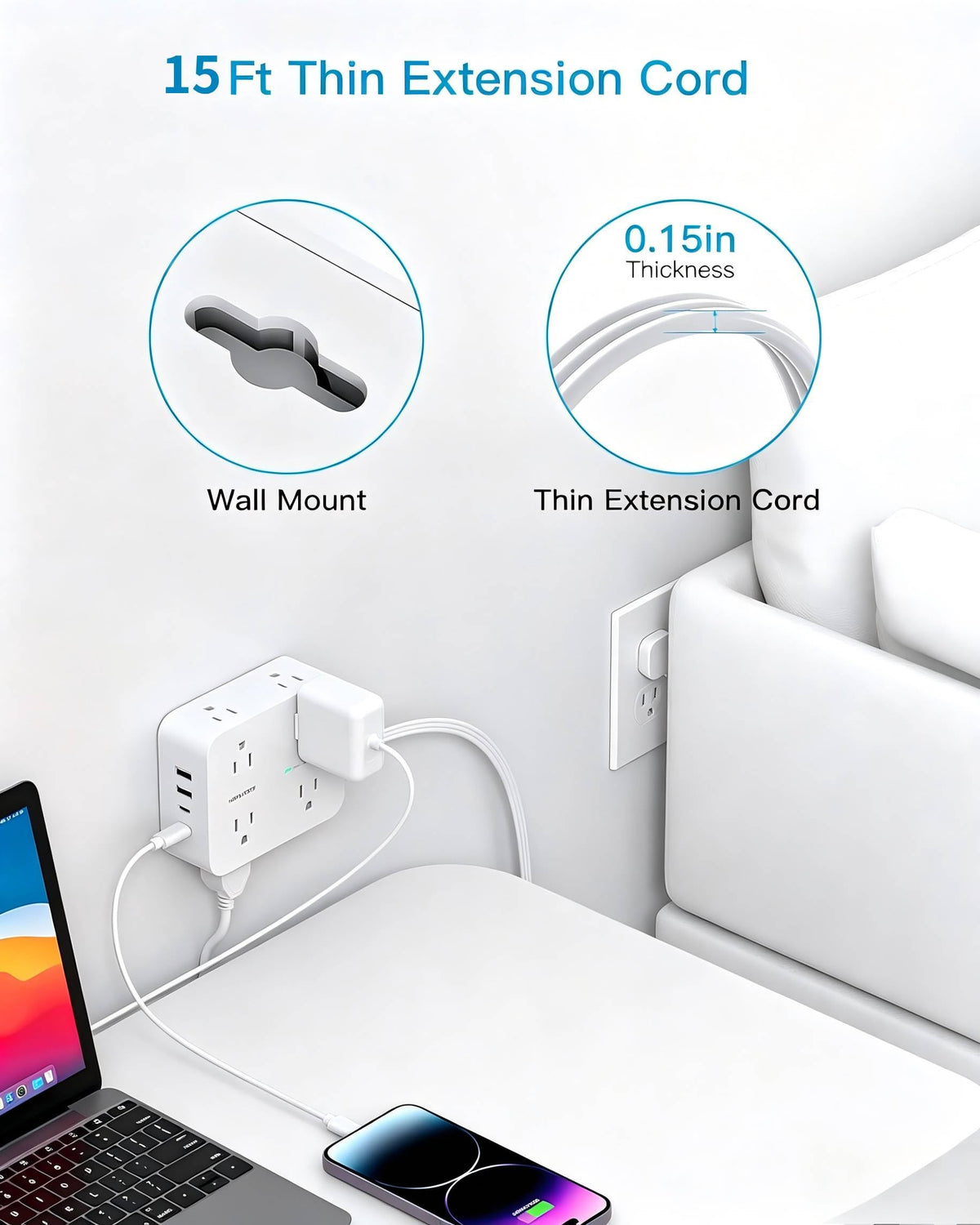 Extension Cord 10 Ft, Ultra Thin Flat Plug Power Strip Surge Protector