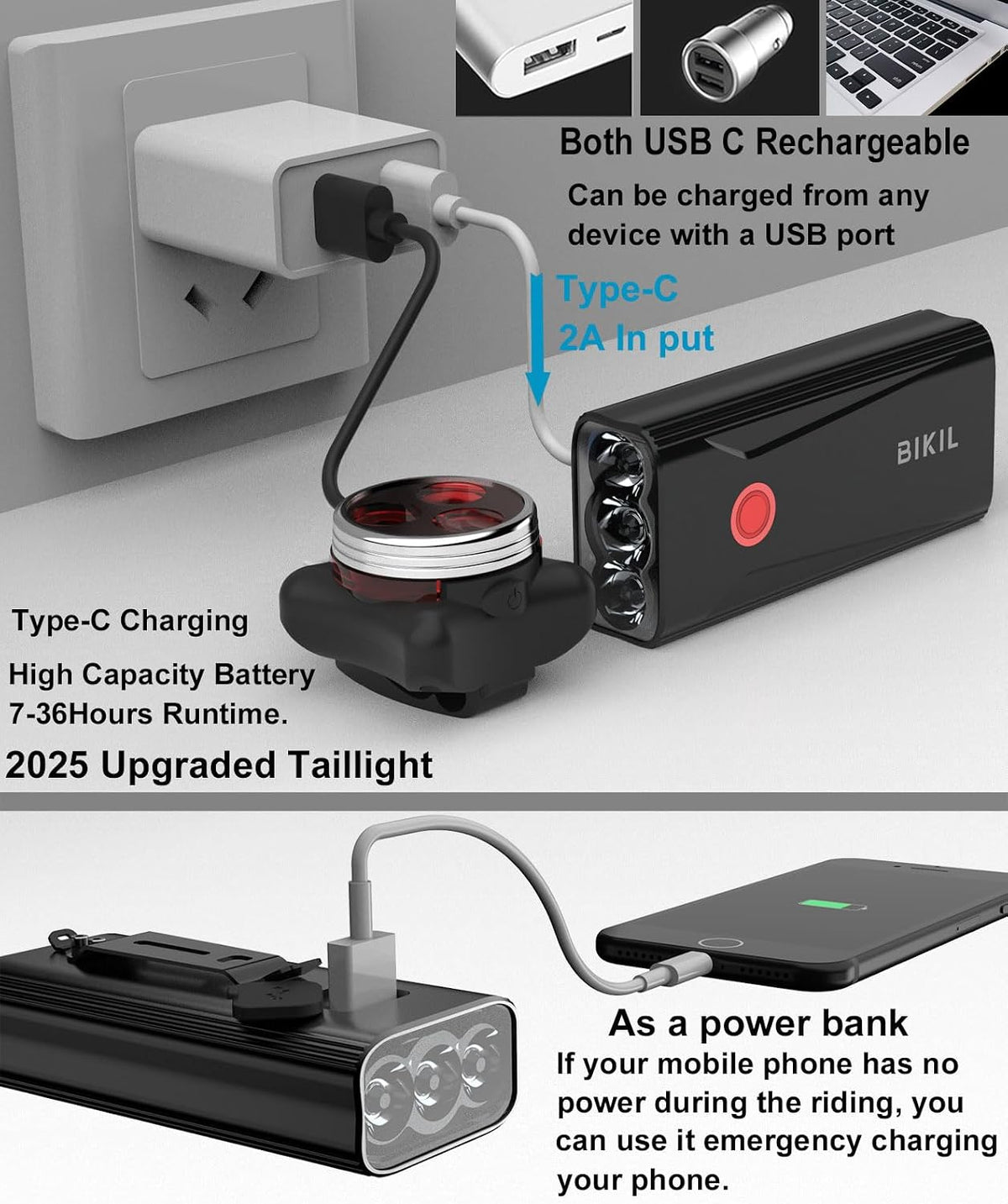 BIKIL Bike Lights Set Front and Back, USB C Rechargeable 6400 mAh Super Bright 2400 Lumen Bicycle light,Easy to Install Bike Headlight and Taillight Combinations,Road and Mountain Cycling Light