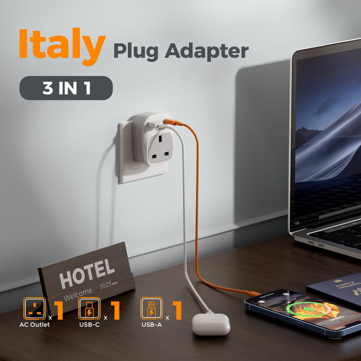 TESSAN UK to South Africa Plug Adapter, Type M Travel Adapter with USB C