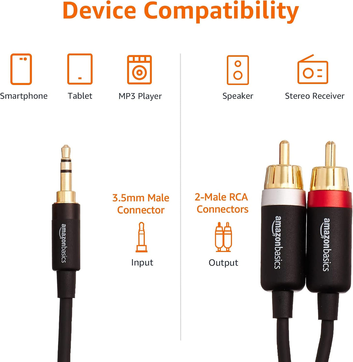 Amazon Basics 3.5mm Aux to 2 RCA Audio Cable Adapter for Amplifiers, Active Speakers, Gold-Plated Connectors, Clear Sound Quality, Shielded Construction, 8 Feet/2.4 m, Black