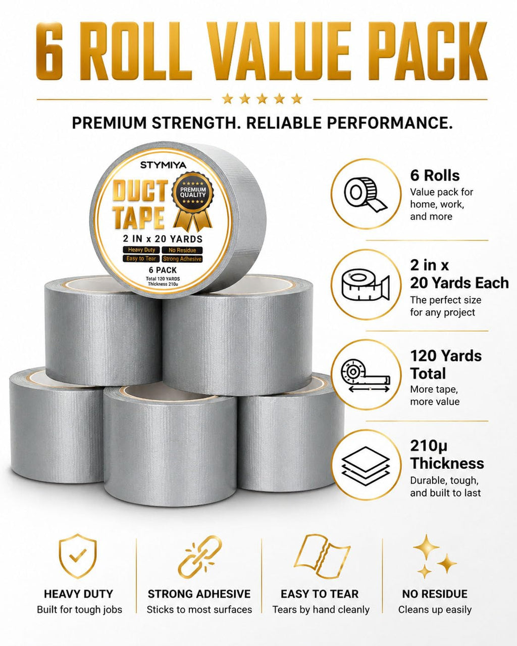 Black Duct Tape Heavy Duty: 3 Rolls 2inch x 20yd Wide Waterproof Outdoor - Strong Adhesive Weather Tapes Repair Bulk - Ductape for Patterns Masking Packing Furniture Kids Craft (3, Matte Black)