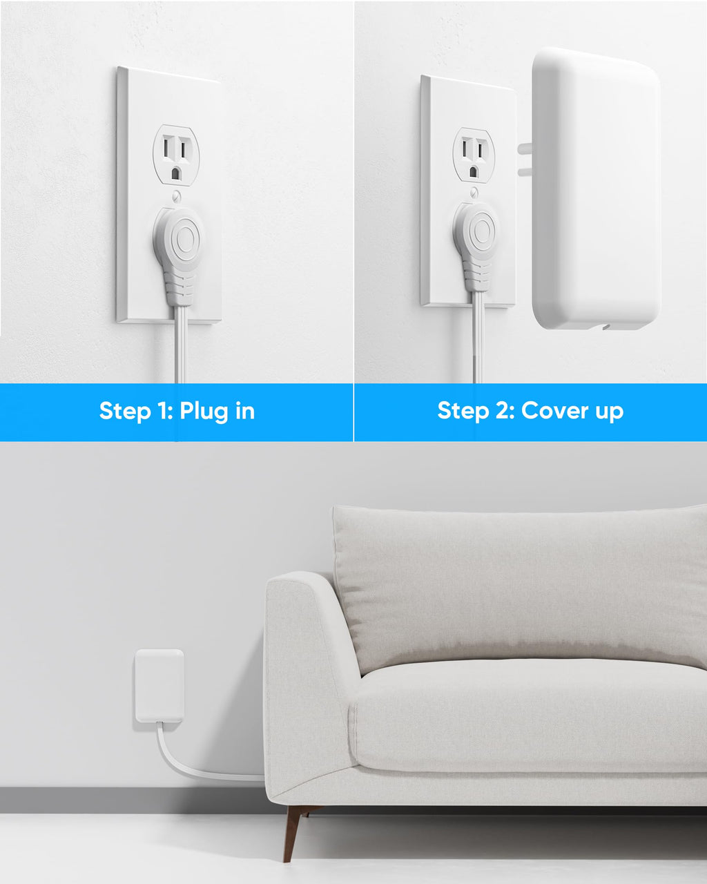 Olcorife Flat Extension Cord with Outlet Cover, Flat Plug Power Strip with 6 Outlets and 3 USB Ports, 8 FT Cord Hidden Outlet Extender for Tight Spaces