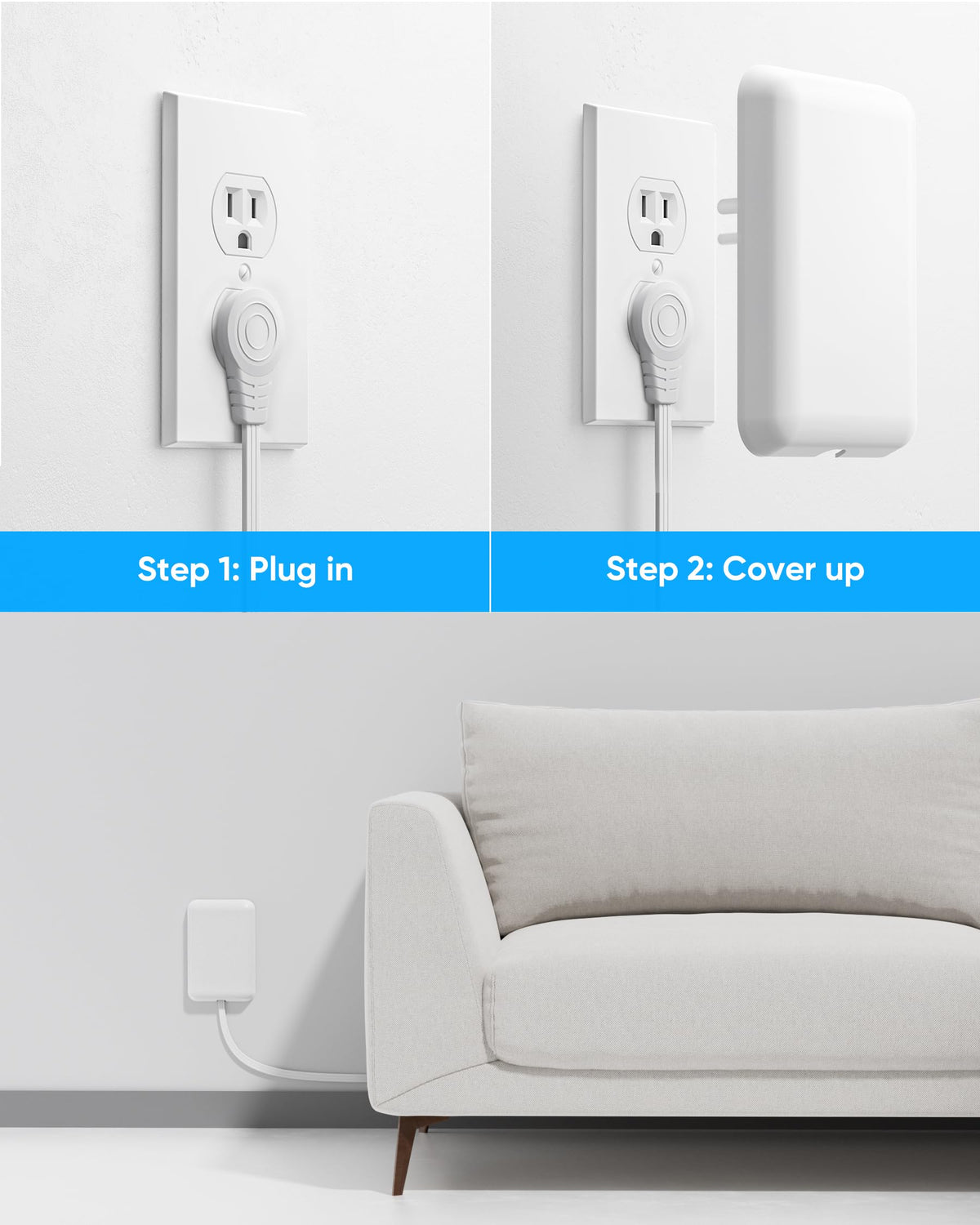 Olcorife Flat Extension Cord with Outlet Cover, Flat Plug Power Strip with 6 Outlets and 3 USB Ports, 8 FT Cord Hidden Outlet Extender for Tight Spaces