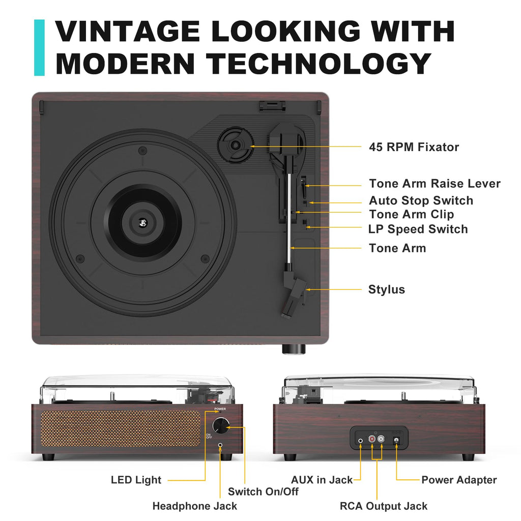Seasonlife® Retro Vinyl Record Player with Stereo Speakers,Walnut Brown