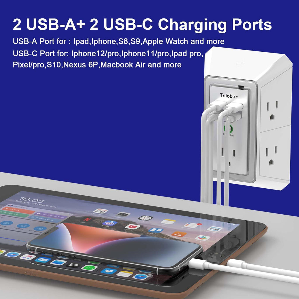 Multi Plug Wall Outlet Surge Protector with 6-Outlet & 4 USB Ports(2USB-C)