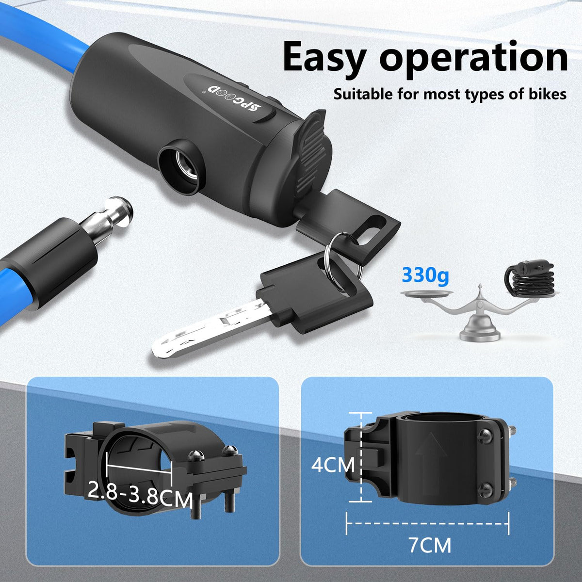 SPGOOD Bike Lock with 2 Keys, 12 mm Steel Cable Lock, 120 cm Length