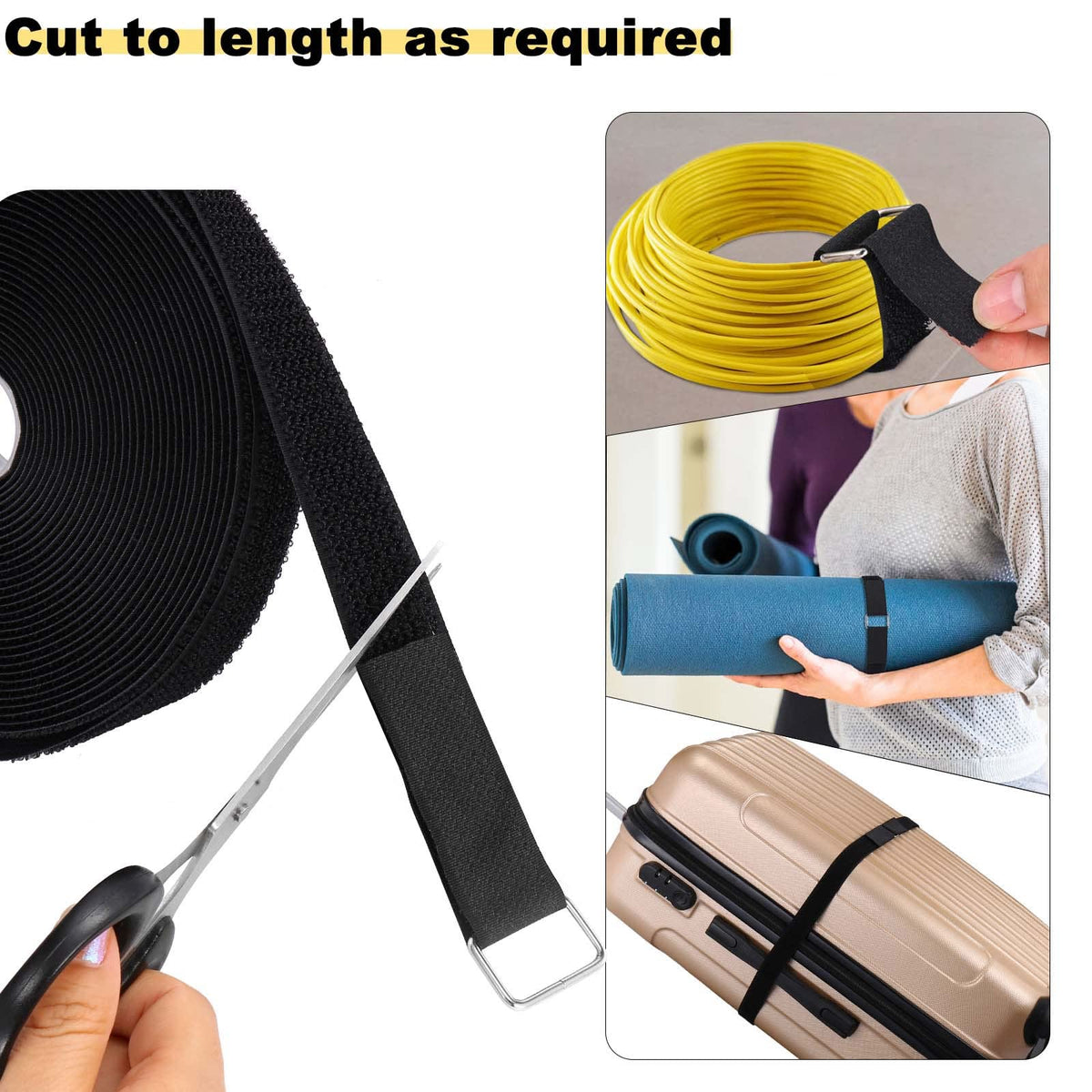 YMCRLUX 1"x64ft Hook and Loop Straps with 70 Metal Buckles, Adjustable Fastening Cable Straps, Cut-to-Length Cinch Strap, Reusable Nylon Securing Cord Ties for Organizer or Storage, 1 inch Wide, Black