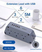 Extension Lead with USB Slots, 6 Way Outlets 5 USB (5A, 3 USB- C Port),1.6M