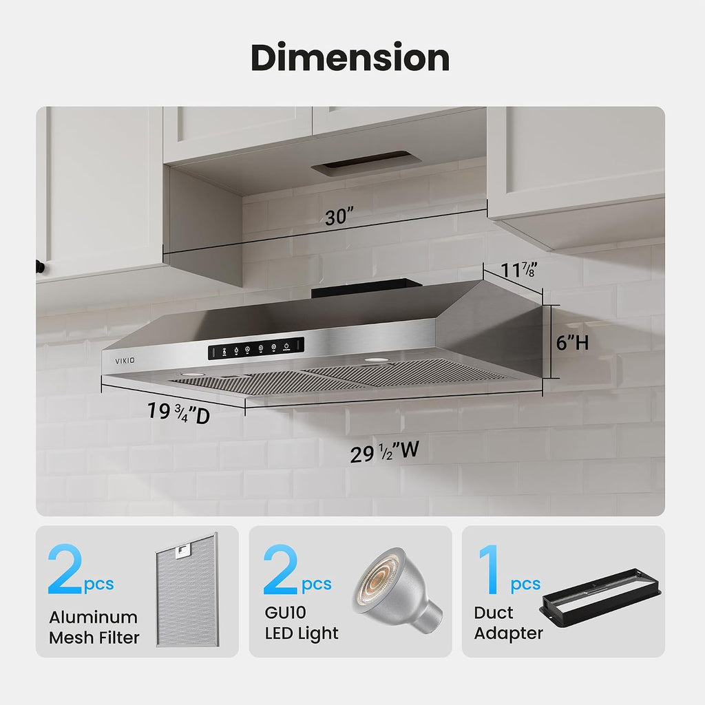 VIKIO HOME 30 Inch Under Cabinet Range Hood 900 CFM Dual Motor Power