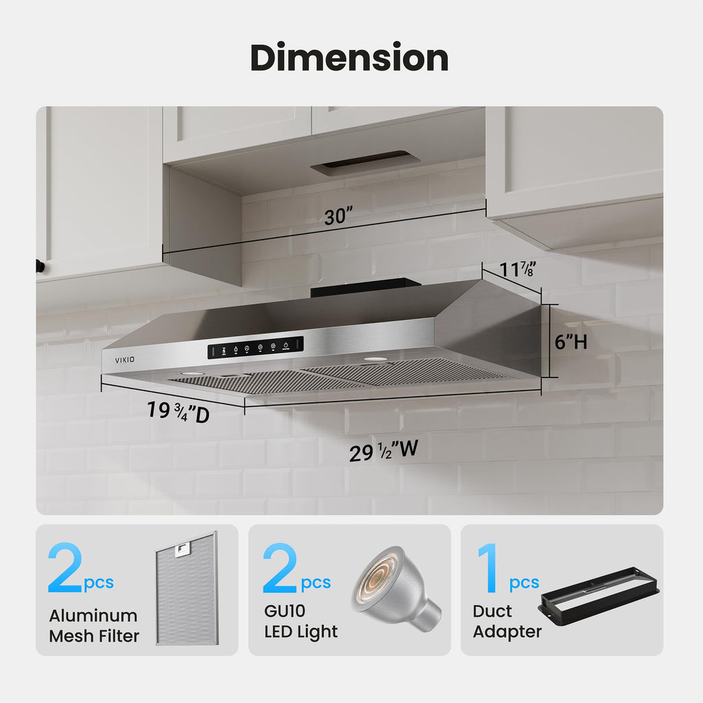 VIKIO HOME 30 Inch Under Cabinet Range Hood, 980CFM Fast Venting Ducted, Kitchen Hood With 3 Speed Gesture Sensing & Touch Control, Stainless Steel Stove Hood With LED Light And 2 Baffle Filters