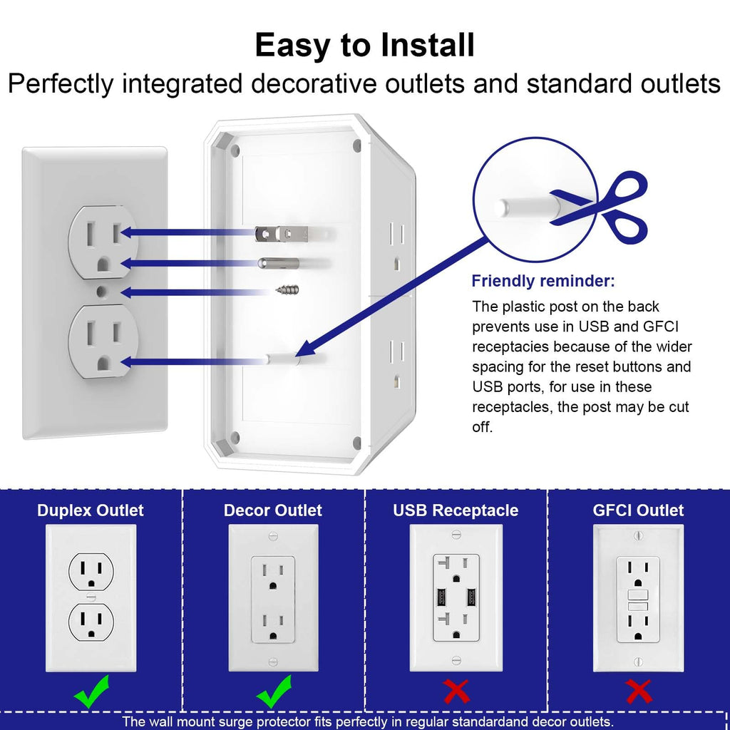 Multi Plug Wall Outlet Surge Protector with 6-Outlet & 4 USB Ports(2USB-C)