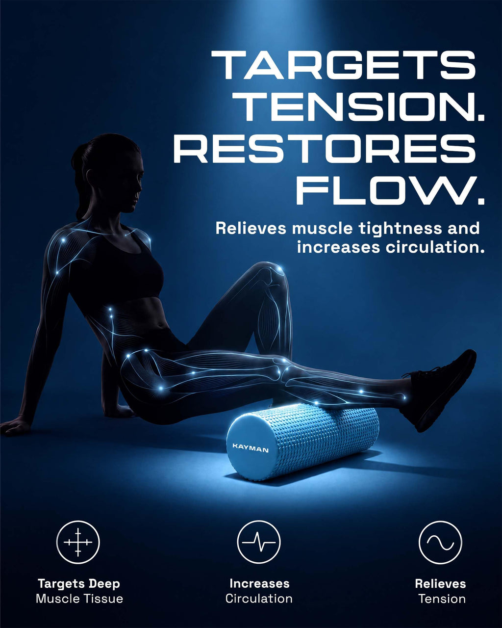 KAYMAN Sports Foam Roller, Deep Tissue Muscle Recovery, 44.5 x 15cm, Black