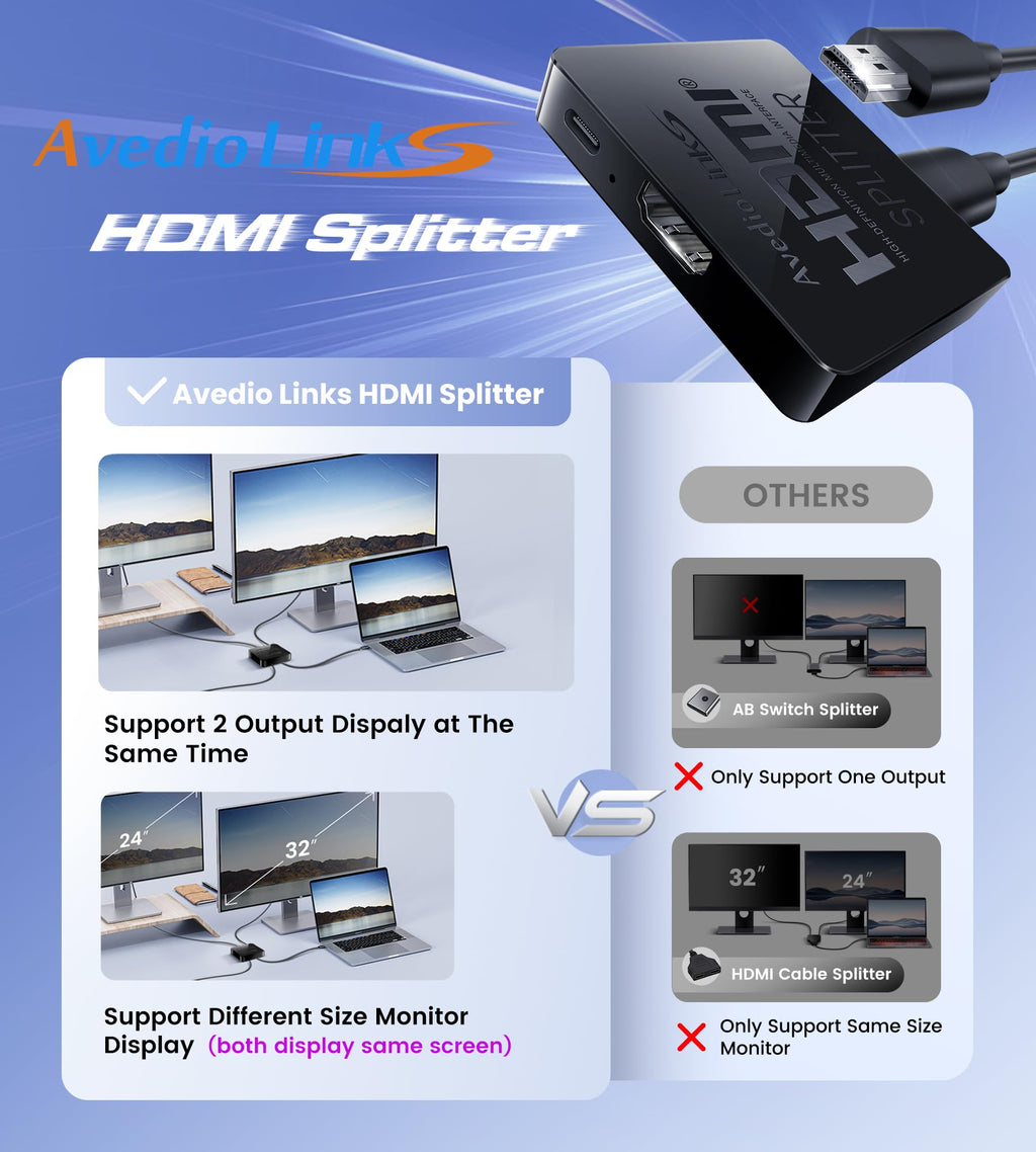 avedio links 4K@60Hz HDMI Splitter 1 in 2 out, Mirror Same Screen Only