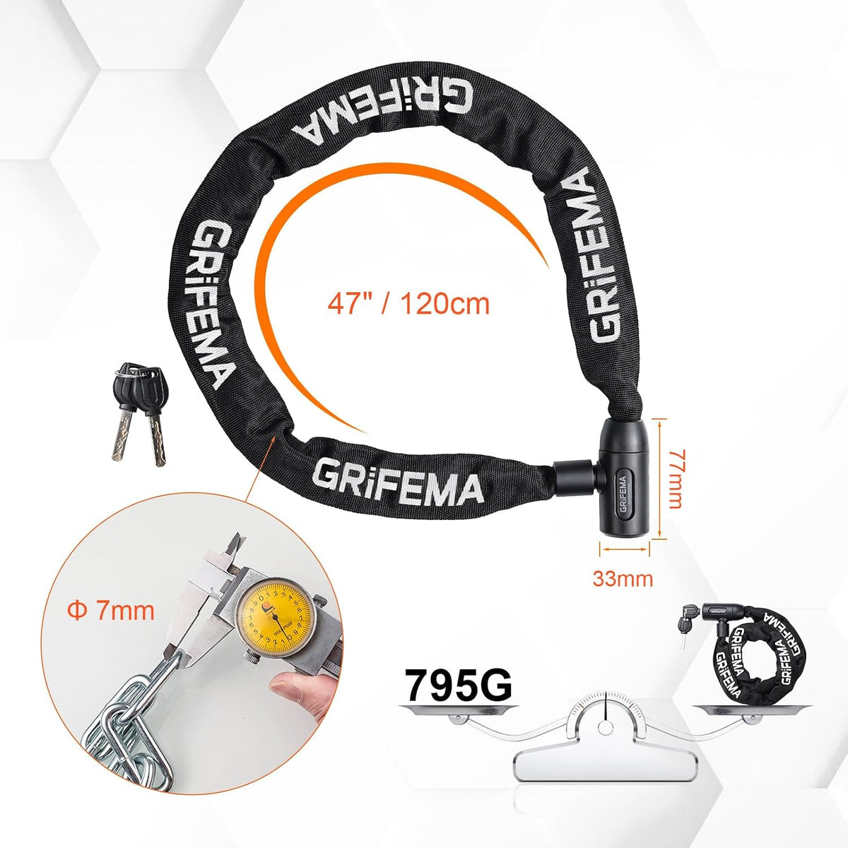 GRIFEMA GA1201-12 Bike Locks High Security with 2 Keys, Bike Chain Lock Heavy Duty, 120cm Bicycle/Cycling Locks for Bike Cycle, Moto, Door, Gate Fence, Black/White
