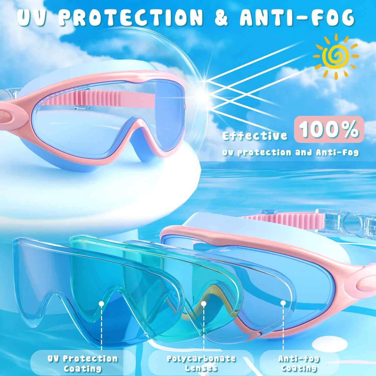 COOLOO Kids Swimming Goggles for Age 3-15, 2 Pack Anti Fog Kids Goggles