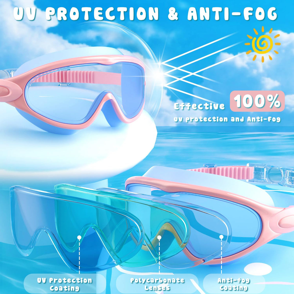 COOLOO Kids Swimming Goggles for Age 3-15, 2 Pack Anti Fog Kids Goggles