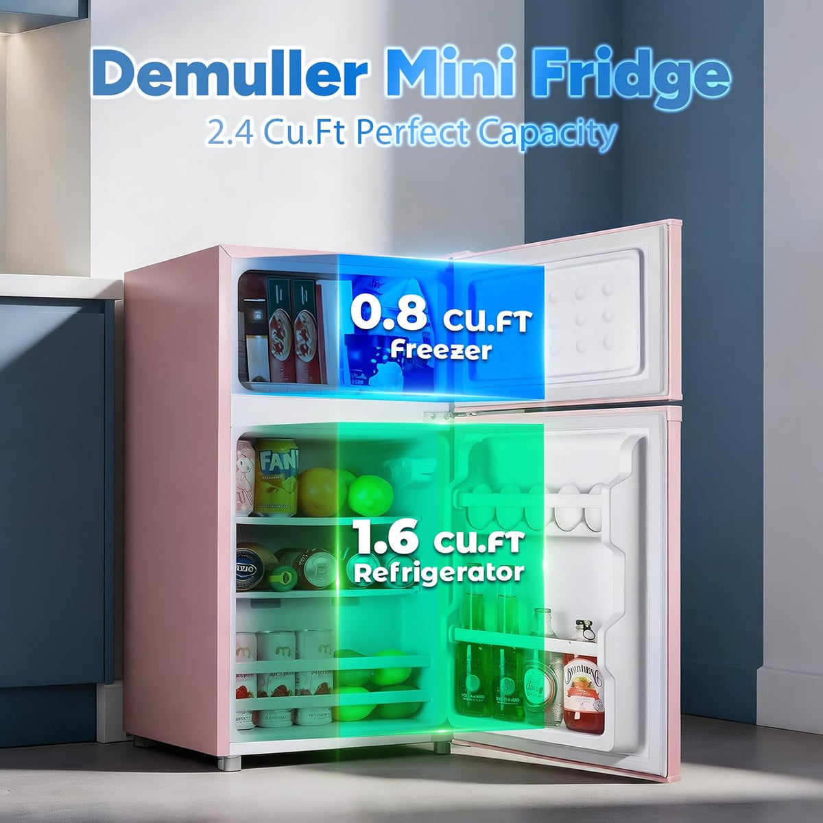 DEMULLER 2.4 Cu.Ft Small Refrigerator with Freezer Mini Fridge Removable Plastic Shelves Ideal for Apartment, Dormitory, Baby Pink
