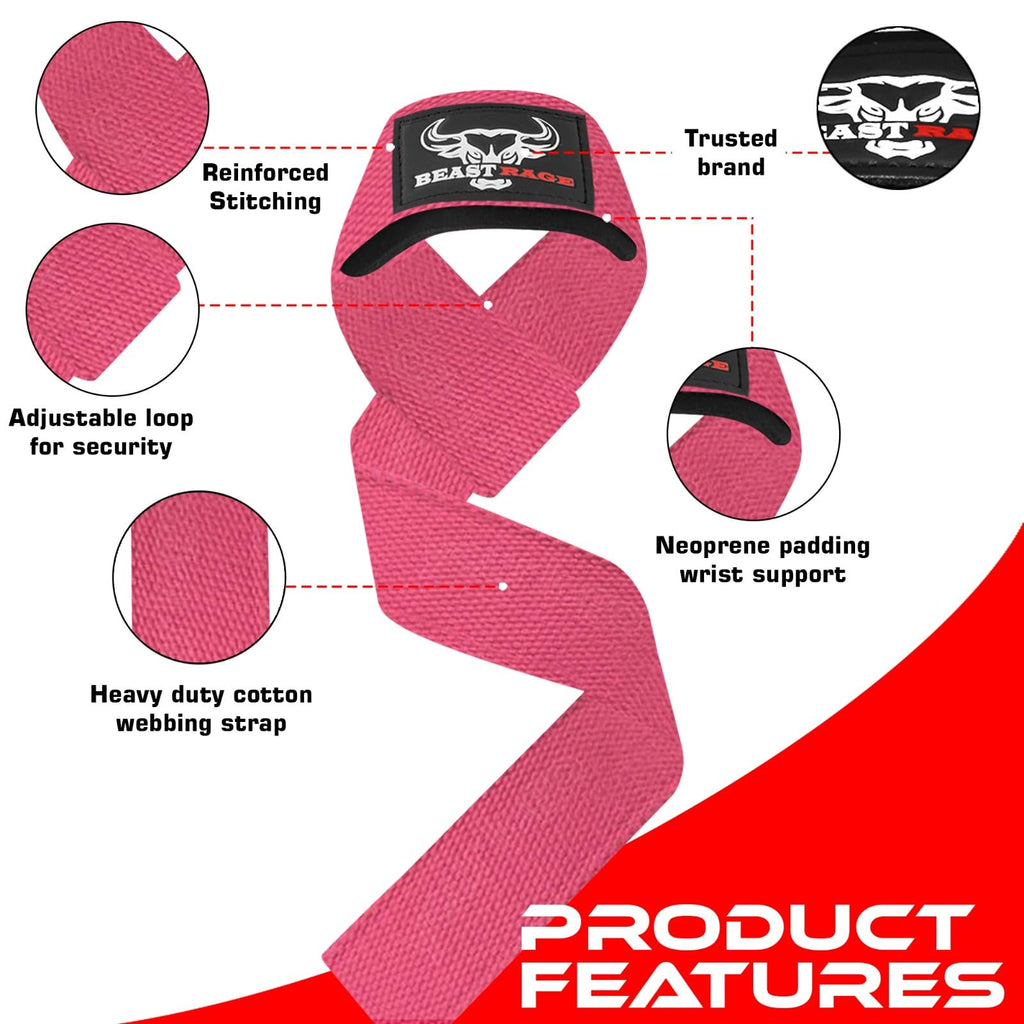 BEAST RAGE Weight Lifting Straps Fitness Padded Cotton Wrist Support Gel Advanced Grips Dumbbell Bar Wraps Heavy Duty Gym Bodybuilding Straps Power Deadlift Barbells Non Slip Exercise