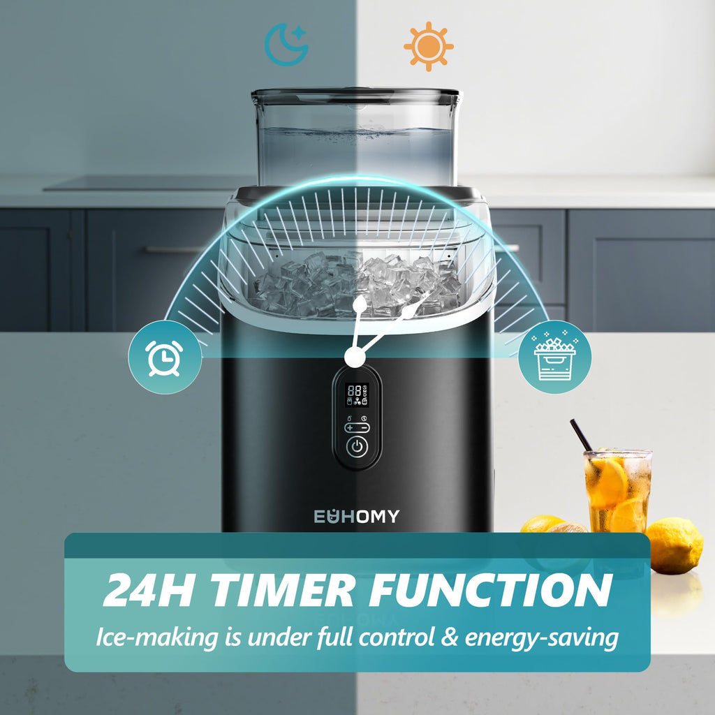EUHOMY Countertop Ice Maker Machine with Handle, 26.4lbs Per Day, 9 Ice Cubes Ready in 6 Mins, Auto-Cleaning Portable Ice Maker with Basket and Scoop, for Home/Kitchen/Camping/RV (Black)