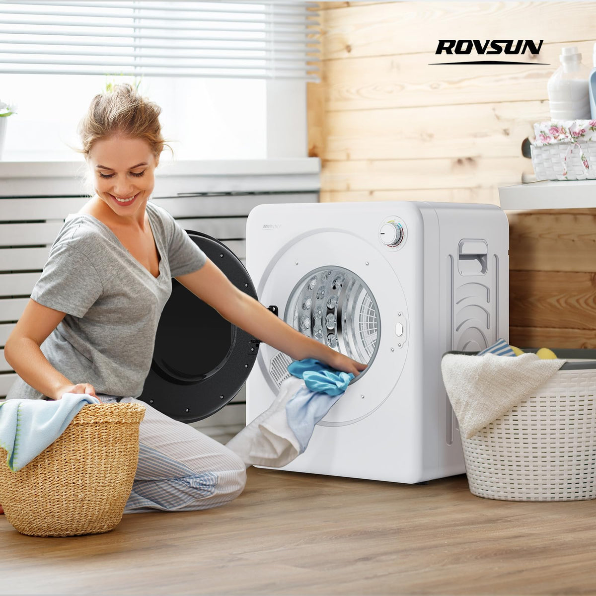 ROVSUN 110V Portable Clothes Dryer, High End Laundry Front Load Tumble Dryer Machine with Stainless Steel Tub & Simple Control Knob for Apartment, Dorm-850W, White