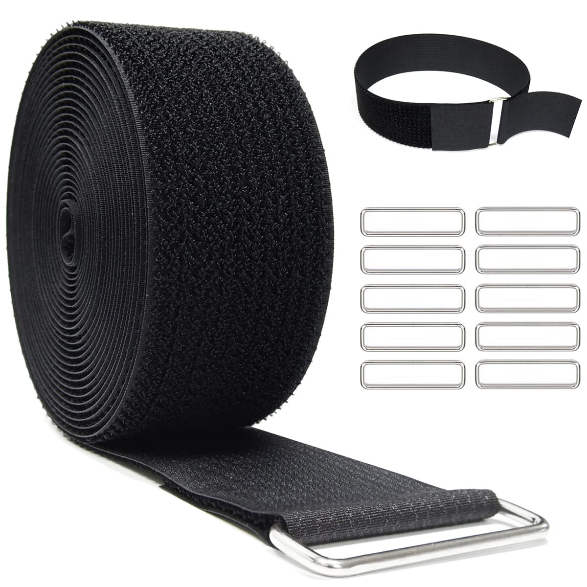 YMCRLUX 1"x64ft Hook and Loop Straps with 70 Metal Buckles, Adjustable Fastening Cable Straps, Cut-to-Length Cinch Strap, Reusable Nylon Securing Cord Ties for Organizer or Storage, 1 inch Wide, Black