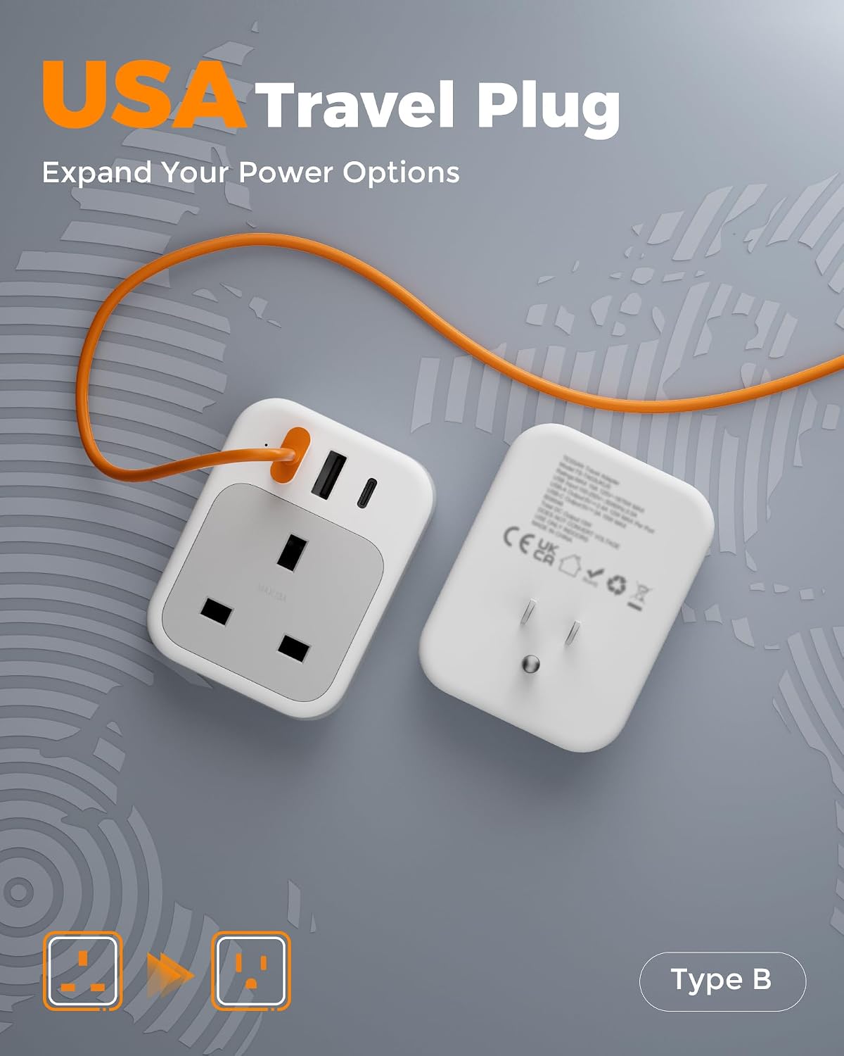 TESSAN UK to US Plug Adaptor 2 Pack, Type B USA Travel Adapter with USB C