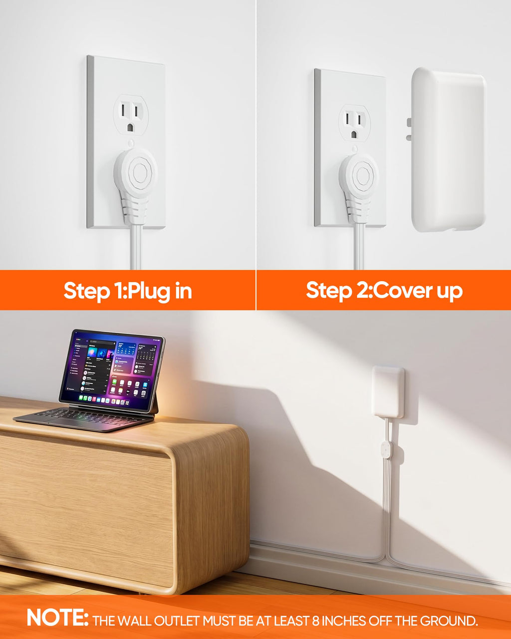 Olcorife Flat Extension Cord with Outlet Cover, Flat Plug Power Strip with 6 Outlets and 3 USB Ports, 8 FT Cord Hidden Outlet Extender for Tight Spaces