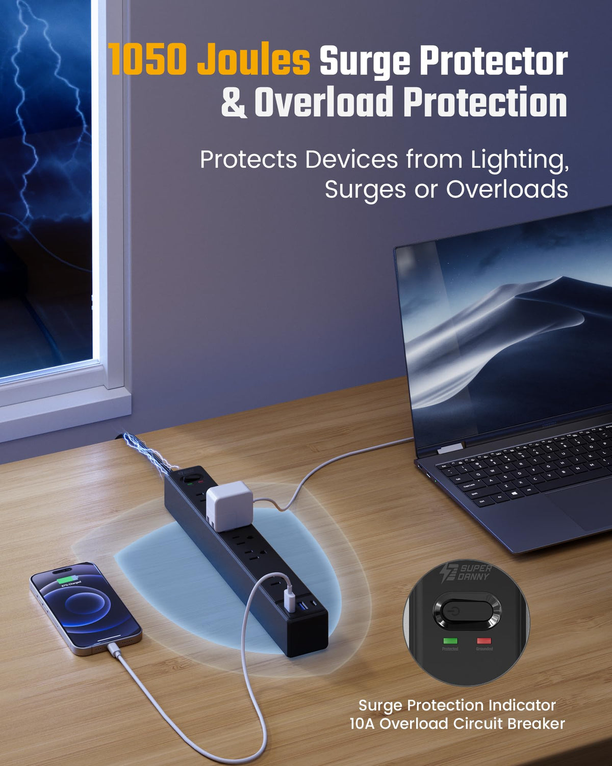 SUPERDANNY 6Ft Thin Extension Cord, Flat Plug Surge Protector Power Strip