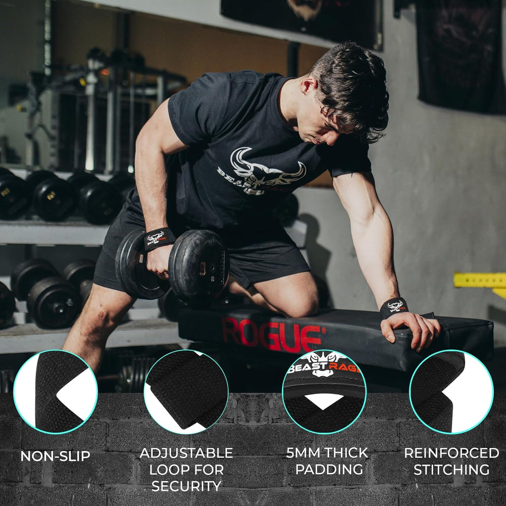BEAST RAGE Weight Lifting Straps Fitness Padded Cotton Wrist Support Gel Advanced Grips Dumbbell Bar Wraps Heavy Duty Gym Bodybuilding Straps Power Deadlift Barbells Non Slip Exercise