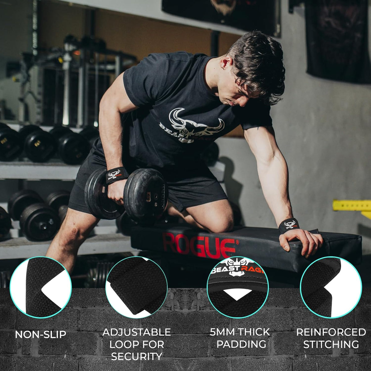 BEAST RAGE Weight Lifting Straps Fitness Padded Cotton Wrist Support Gel Advanced Grips Dumbbell Bar Wraps Heavy Duty Gym Bodybuilding Straps Power Deadlift Barbells Non Slip Exercise