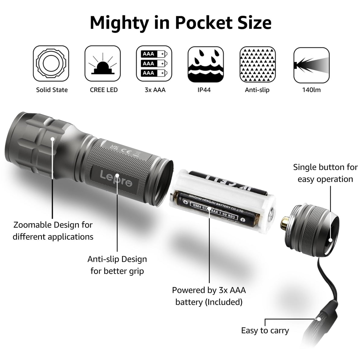 LE LED Torch, LE1000 Powerful Handheld Flashlight, Adjustable Focus, 4 PCs