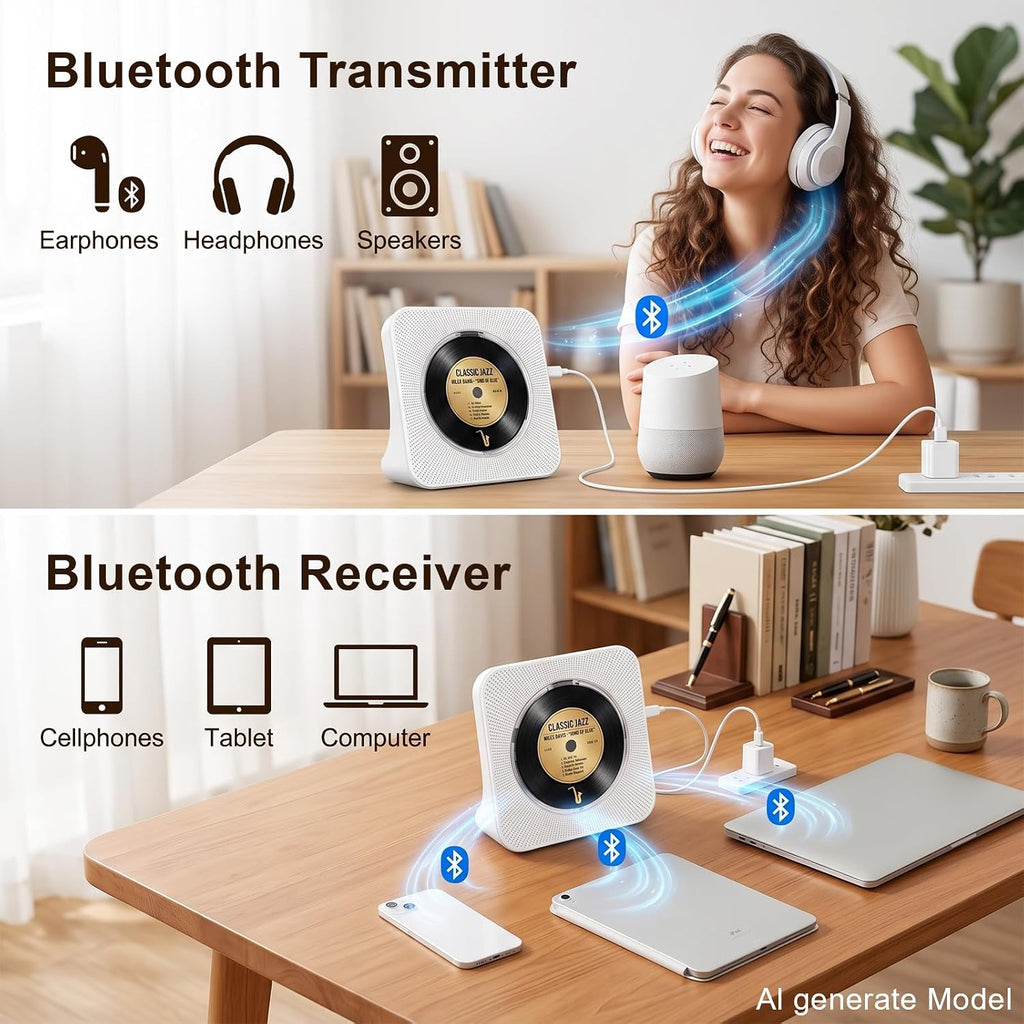 Portable CD Player with Bluetooth, Gueray Desktop CD Players for Home, Bulit-in Double HiFi Speakers, AUX&Headphone Jack, FM Radio Boombox with Remote Control, USB Port,LCD Display (White)