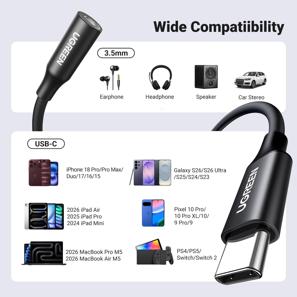 UGREEN 2 Pack USB C to 3.5mm Audio Adapter Type C to Aux 24bit/96kHz, Grey