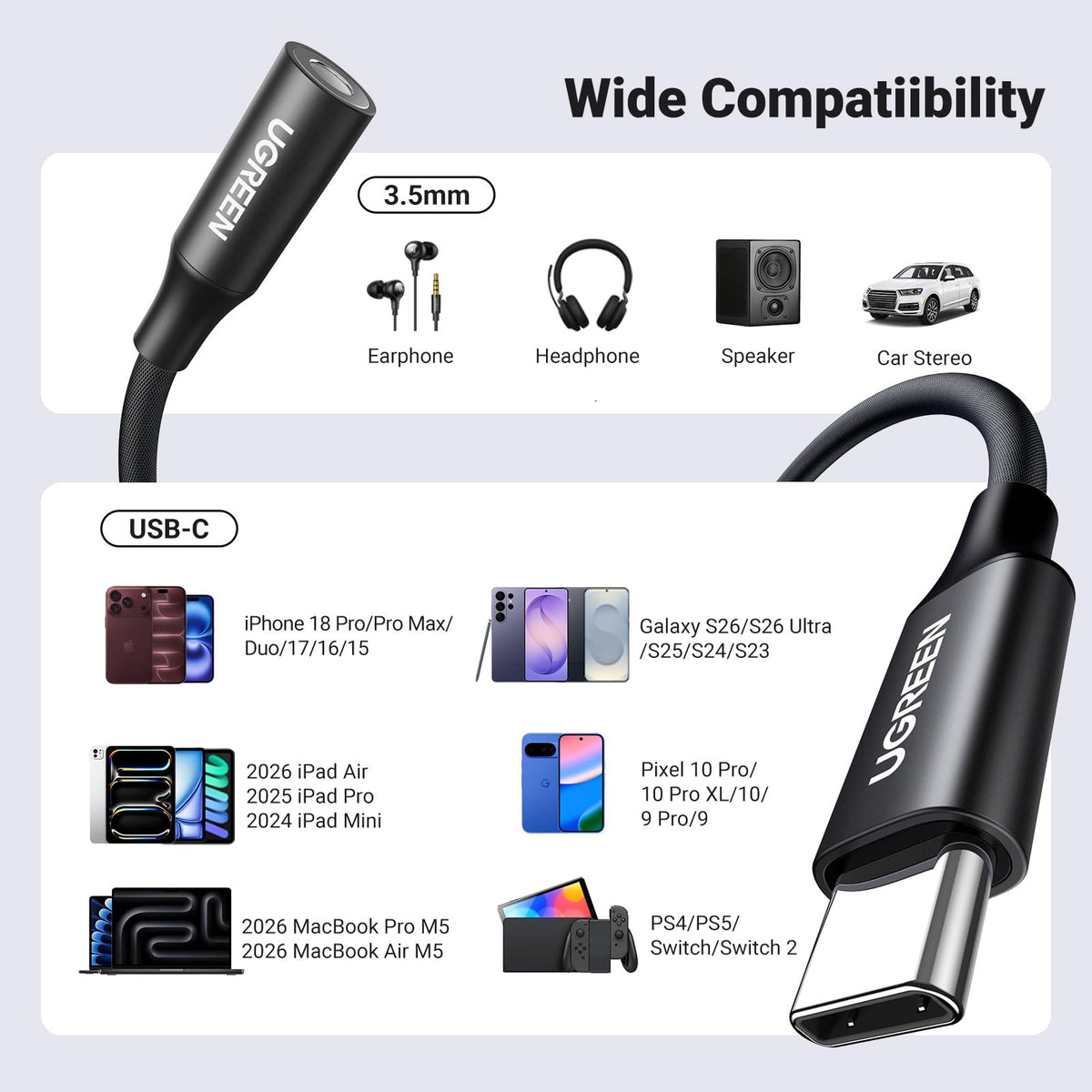 UGREEN 2 Pack USB C to 3.5mm Audio Adapter Type C to Aux 24bit/96kHz, Grey