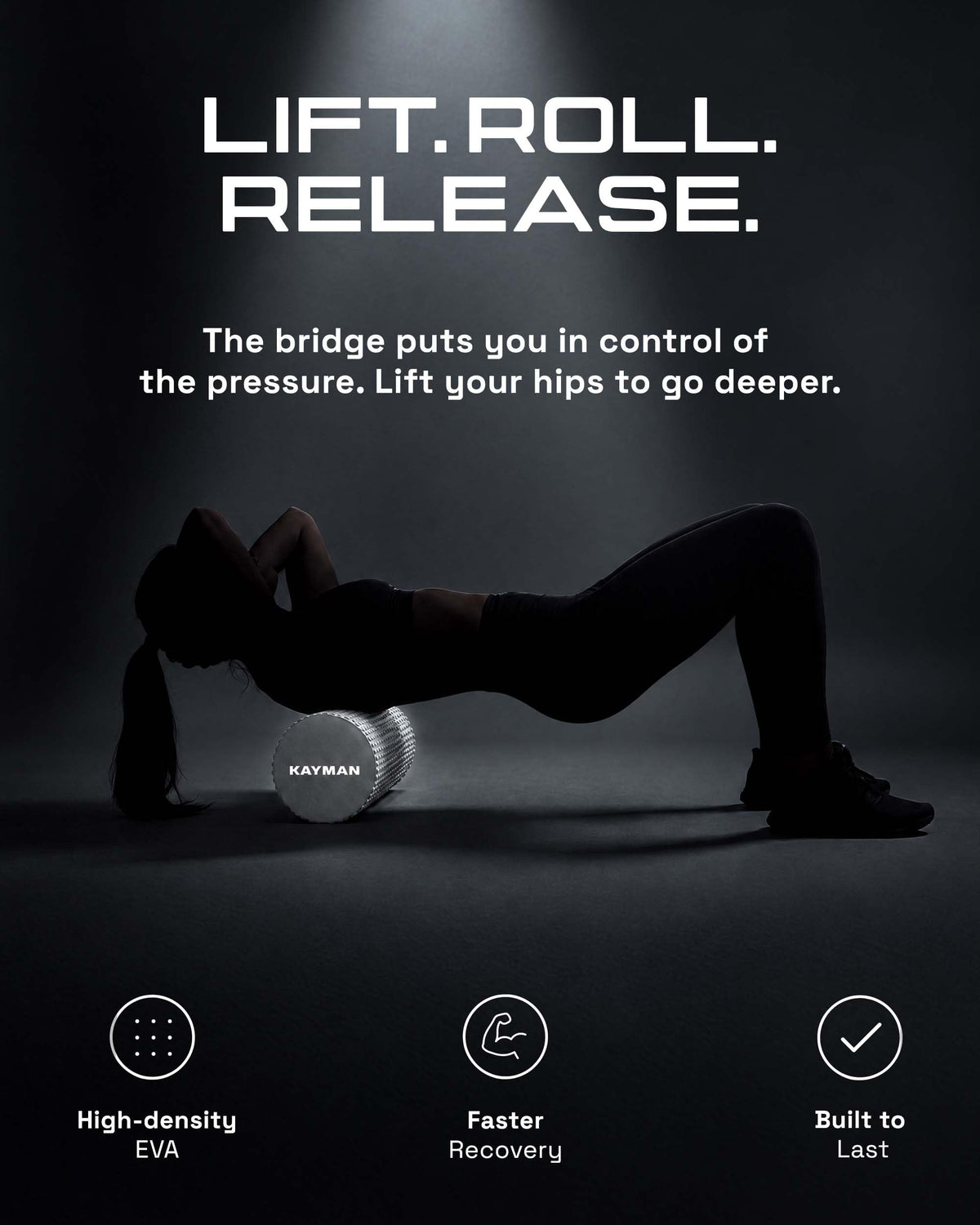 KAYMAN Sports Foam Roller, Deep Tissue Muscle Recovery, 44.5 x 15cm, Black