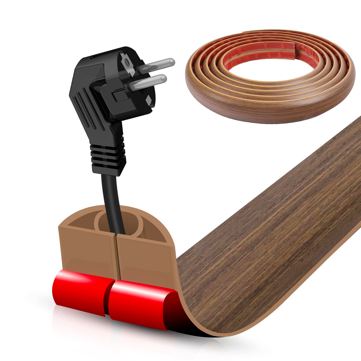 Floor Cord Cover Self Adhesive Cord Hider,3.3FT Cable Management, Extension Strip Protector for Wires, Prevent Cable Trips for Offices, Gyms, Exhibitions Cavity:0.3"(W) x 0.28"(H) Brown Wood