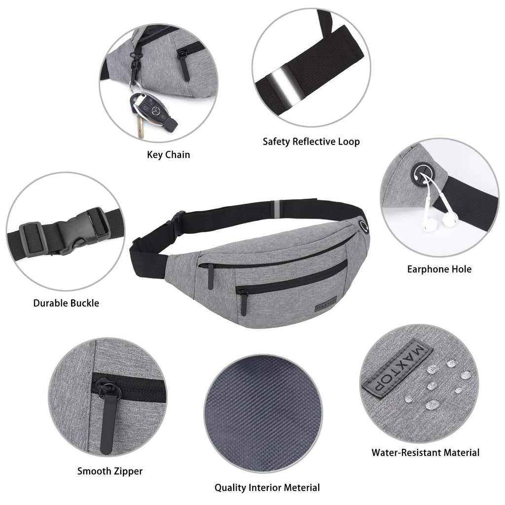 MAXTOP Large Bumbag Waist Fanny Pack Running Belt for Men Women Unisex Bum Bag with Headphone Jack and 4-Zipper Pockets Adjustable Belt for Travel Running Jogging Workout Hiking Gifts All Black