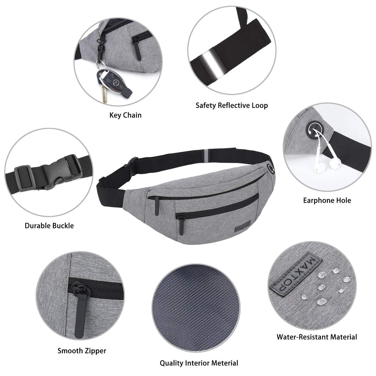 MAXTOP Large Bumbag Waist Fanny Pack Running Belt for Men Women Unisex Bum Bag with Headphone Jack and 4-Zipper Pockets Adjustable Belt for Travel Running Jogging Workout Hiking Gifts All Black