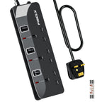 PIBEEX Extension Lead 2 Way Plug Sockets with Individual Switches Wall Mountable Power Strip 3M Extension Cable 13A Fused UK Plug 3250W
