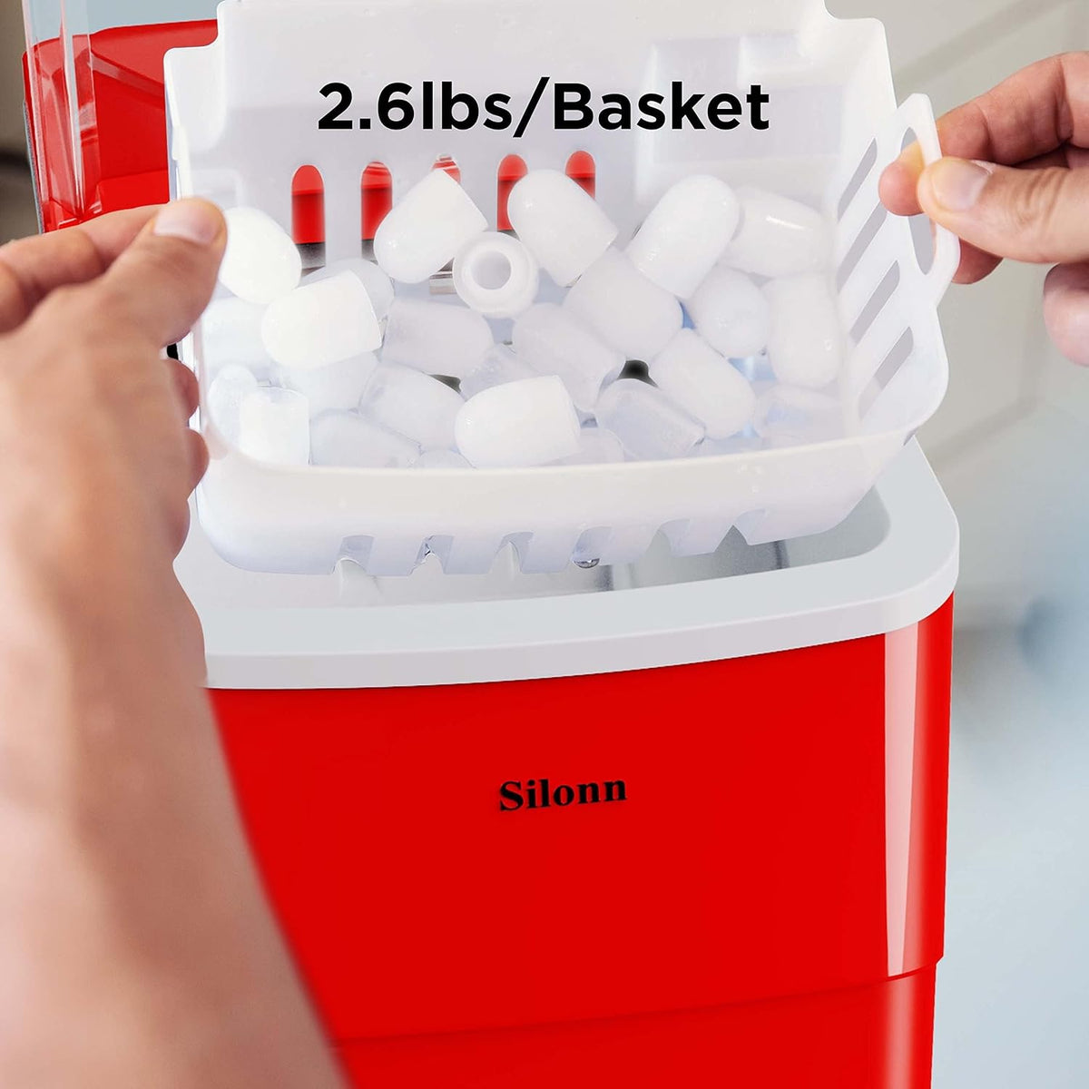 Silonn Ice Maker Countertop, 9 Cubes Ready in 6 Mins, 26lbs in 24Hrs, Self-Cleaning Ice Machine with Ice Scoop and Basket, 2 Sizes of Bullet Ice for Home Kitchen Office Bar Party