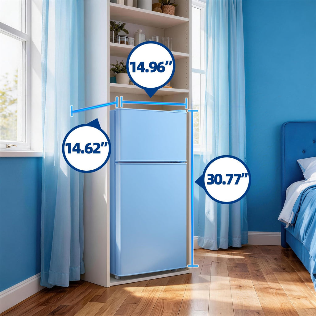 DEMULLER 45L Personal Double‑Door Mini Fridge With Freezer, Blue