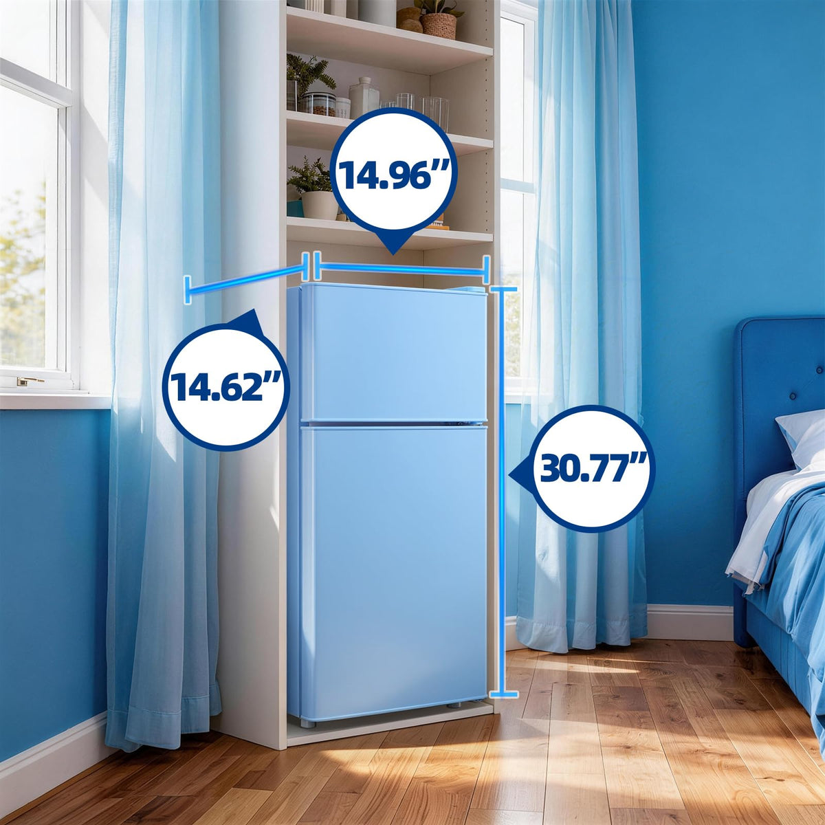 DEMULLER 45L Personal Double‑Door Mini Fridge With Freezer, Blue