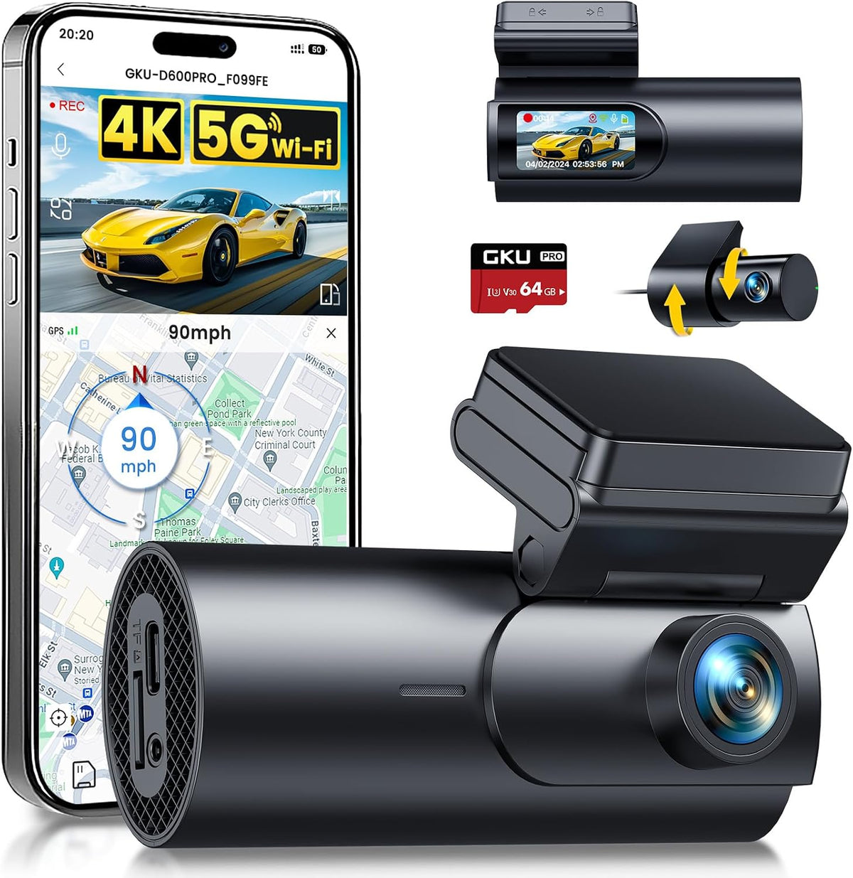GKU 4K Dash Cam Front and Rear, 5GHz WiFi GPS, 64GB SD Card Included