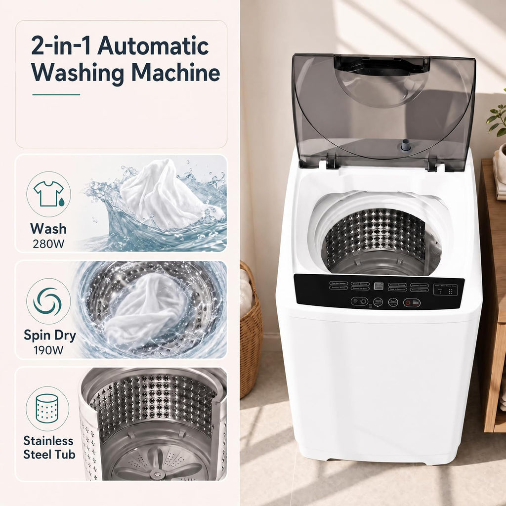 COSTWAY 8.8LBS Portable Washing Machine, Full-Automatic w/Drain Pump, White