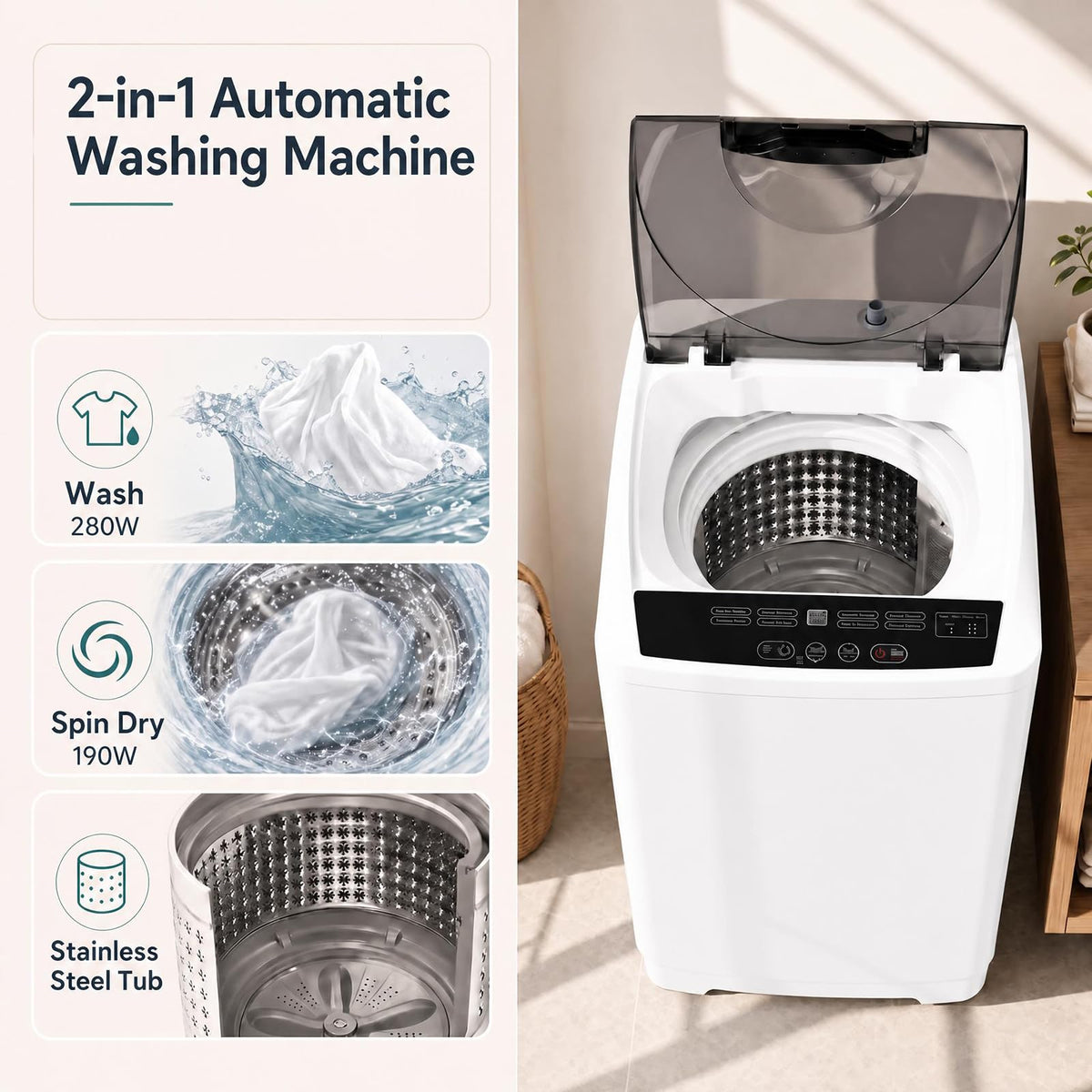 COSTWAY 8.8LBS Portable Washing Machine, Full-Automatic w/Drain Pump, White
