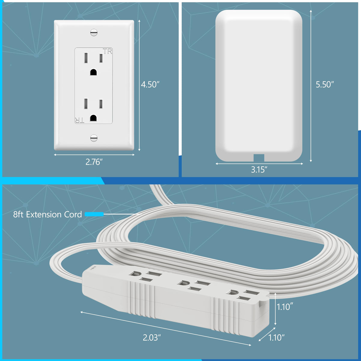 LIDER Flat-Face Outlet Extender, 3 Receptacles, 8ft Cord, 1625W, ETL Listed