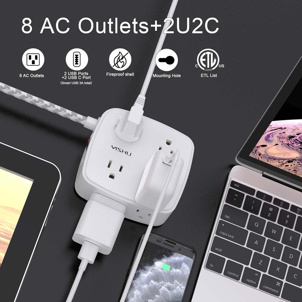 6 Ft Surge Protector Power Strip - YISHU 8 Widely Outlets with 4 USB Ports, 3 Side Outlet Extender with 6 Feet Flat Extension Cord, Ultra Flat Plug, Wall Mount, Desk USB Charging Station, ETL, Black