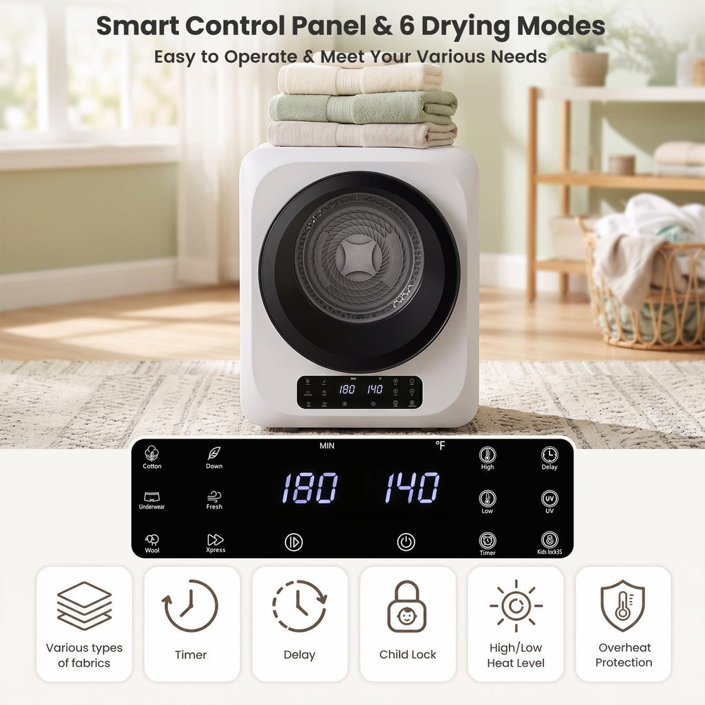 Auertech 3.6 CU. FT Clothes Dryer, Large Capacity Laundry Dryer with 12 Drying Modes & Stainless Steel Tub, Dryer Machine, Electric Dryer with LED Control for Busy Family Home, White